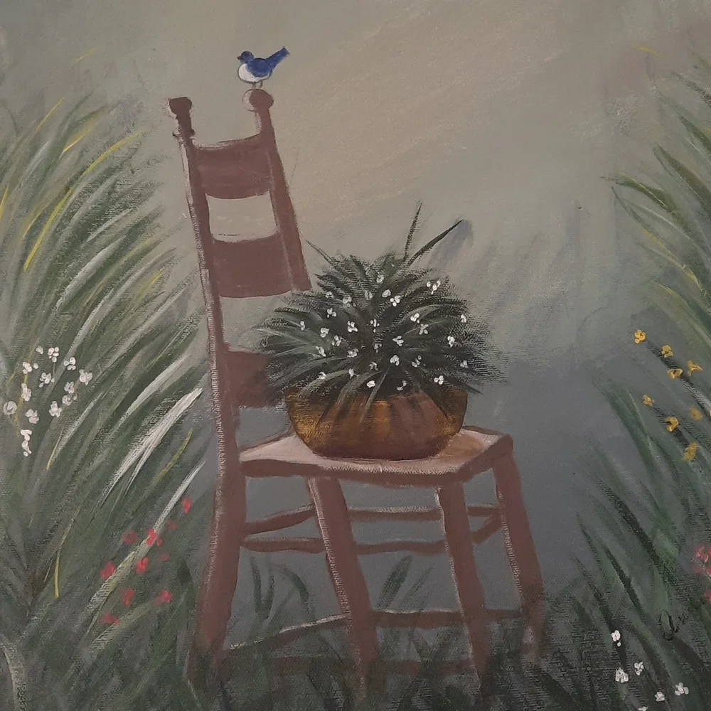 Green tones chair and flowers Folk Art painting 16 × 20